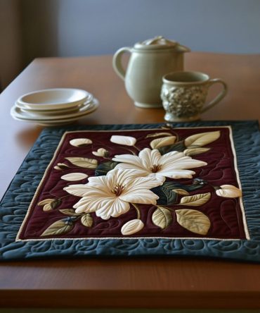 Victorian Magnolia Quilted Placemat - Elegant Floral Centerpiece for Dining, Heirloom-Style Cotton, Machine Washable, Luxury Table Decor