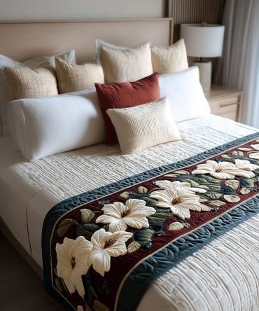 Victorian Magnolia Elegant Quilted Bed Scarf — Timeless Floral Bed Runner, Reversible Cotton-Blend Throw For Classic & Vintage Bedrooms, Easy Care