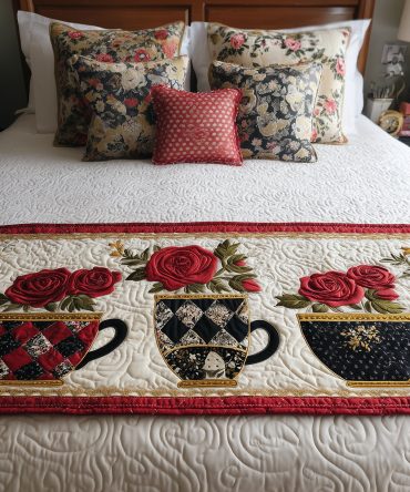 Victorian Sipscape Decorative Quilted Bed Scarf — Vintage Tea-Inspired Runner For Classic Bedrooms, Luxurious Quilting & Timeless Elegance