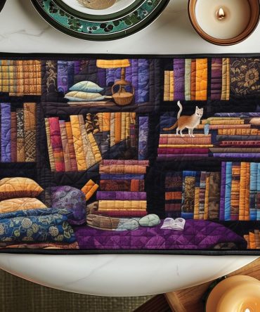 Vintage Bookshelf Quilted Placemat — Retro Library Print Table Mat, Durable Quilted Cotton Blend for Classic Home Decor