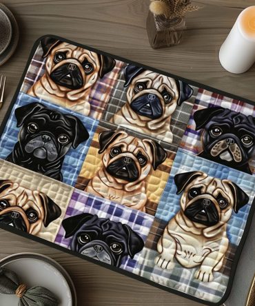 Vintage Pug Art Quilted Placemat — Retro Pug Portraits for Chic Table Styling, Protective Quilting, Machine-Washable & Ideal Pet-Lover Gift