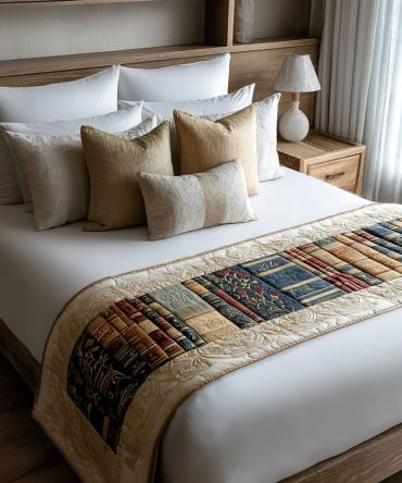 Vintage Book Bliss Quilted Bed Runner – Library-Inspired Bedding Accent, Cozy Cotton Blend For Queen & King Beds