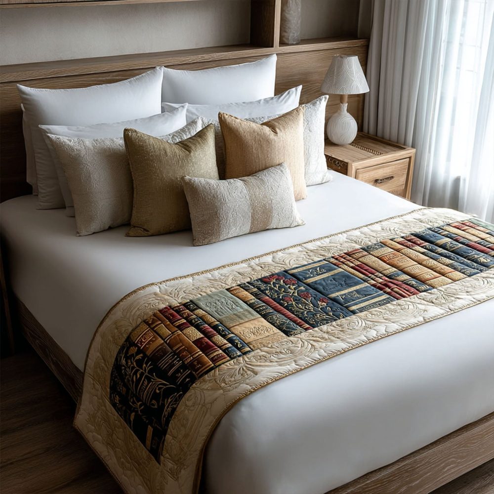 Vintage Book Bliss Quilted Bed Runner – Library-Inspired Bedding Accent, Cozy Cotton Blend For Queen & King Beds