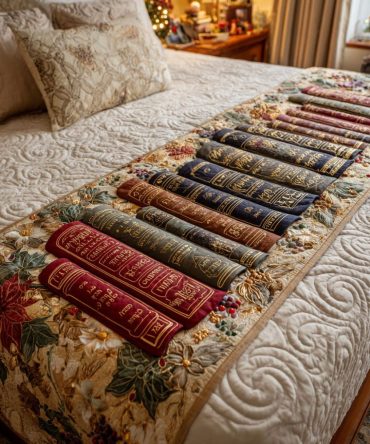 Vintage Booklane Quilted Bed Runner — Antique Book Motif Bed Scarf, Nostalgic Quilted Accent For Classic & Eclectic Bedrooms
