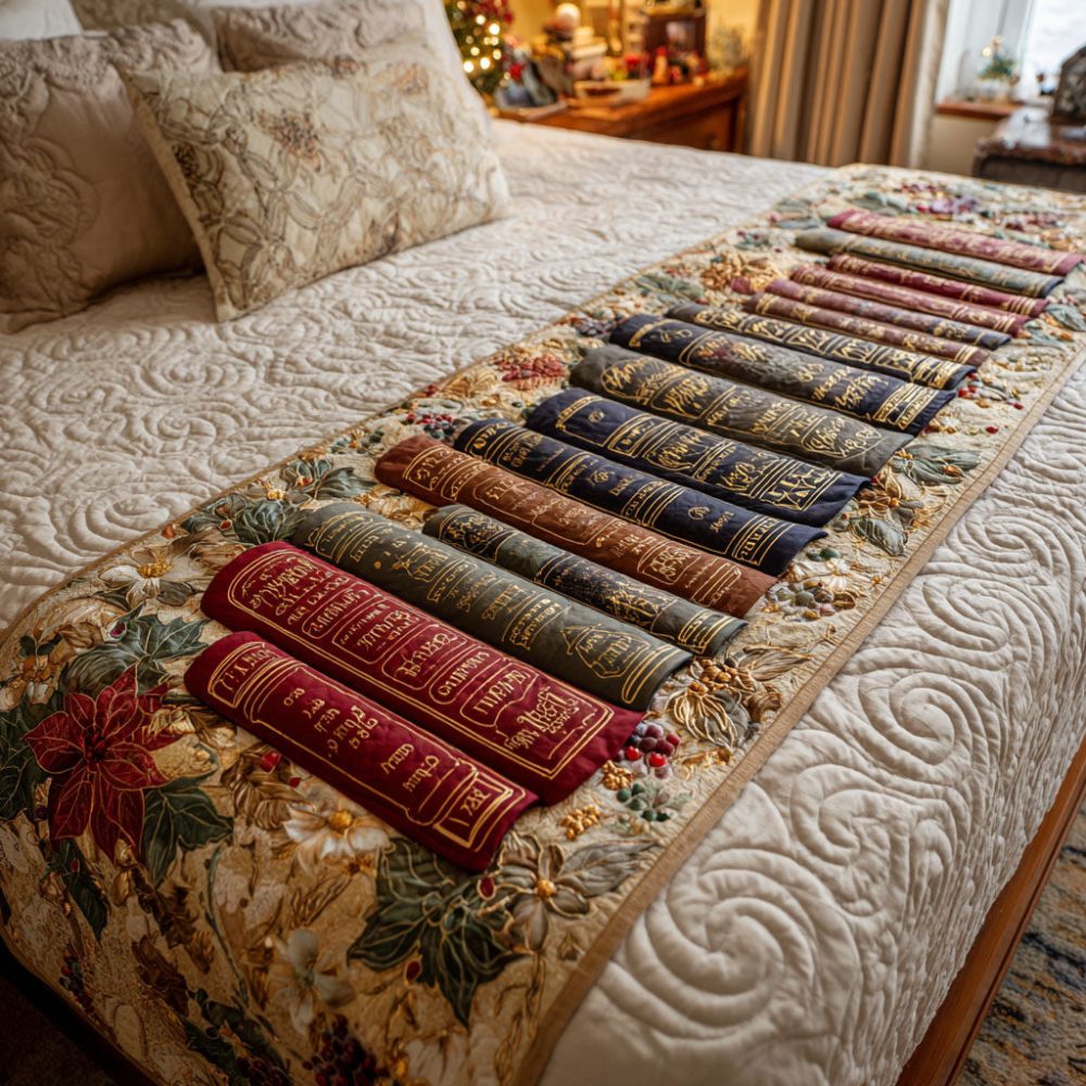 Vintage Booklane Quilted Bed Runner — Antique Book Motif Bed Scarf, Nostalgic Quilted Accent For Classic & Eclectic Bedrooms