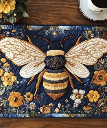 Vintage Bumblebee Quilted Placemat - Retro Bee Illustration in Yellow & Black, Handstitched Cotton, Eco-Friendly Gift for Garden Lovers