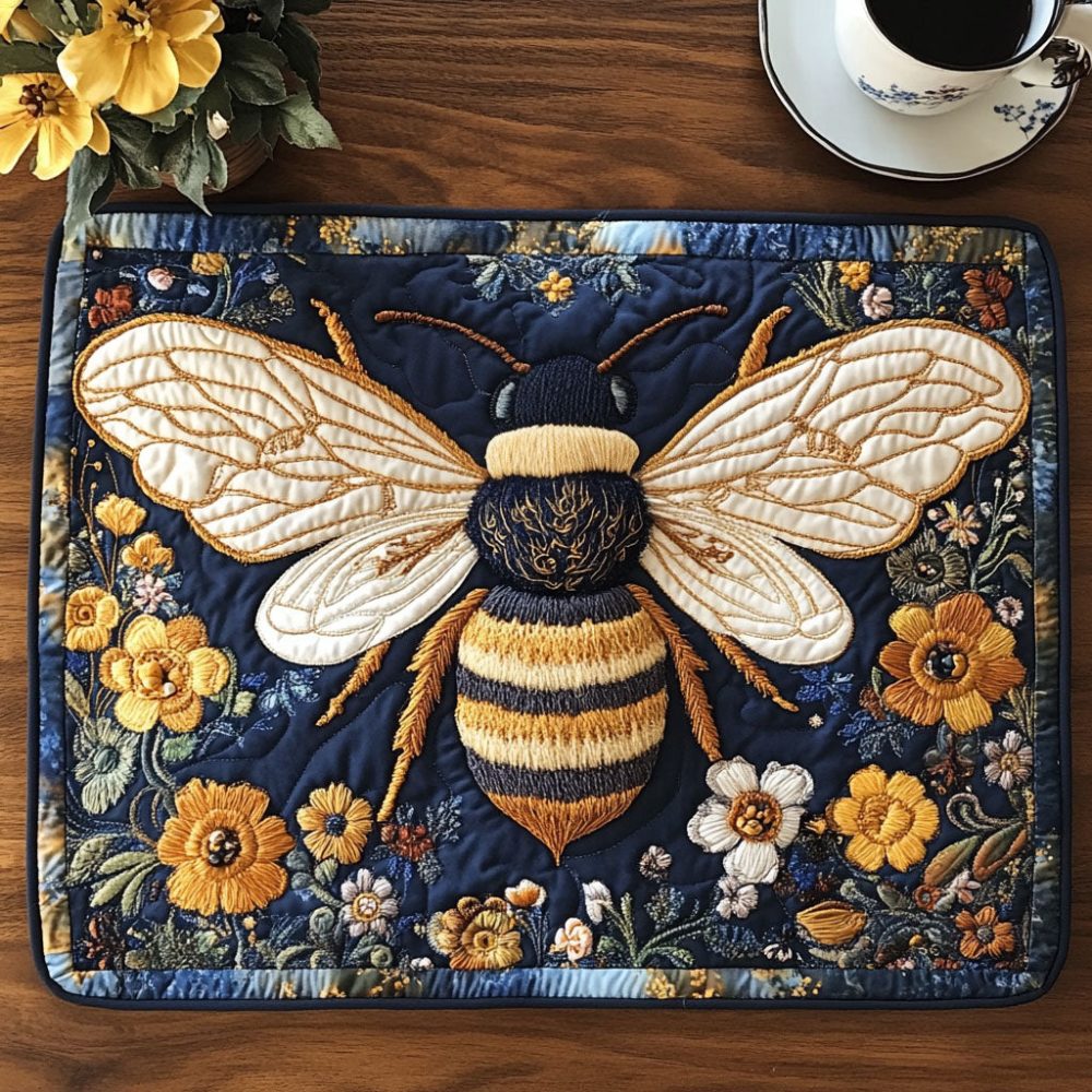 Vintage Bumblebee Quilted Placemat - Retro Bee Illustration in Yellow & Black, Handstitched Cotton, Eco-Friendly Gift for Garden Lovers