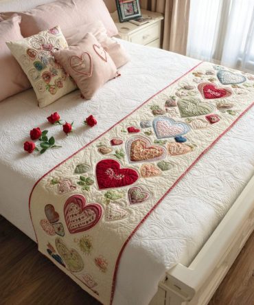 Vintage Heart Quilt Bed Runner - Retro Romantic Decorative Bed Scarf, Soft Cotton Blend, Reversible Design For Timeless Bedroom Styling And Layering