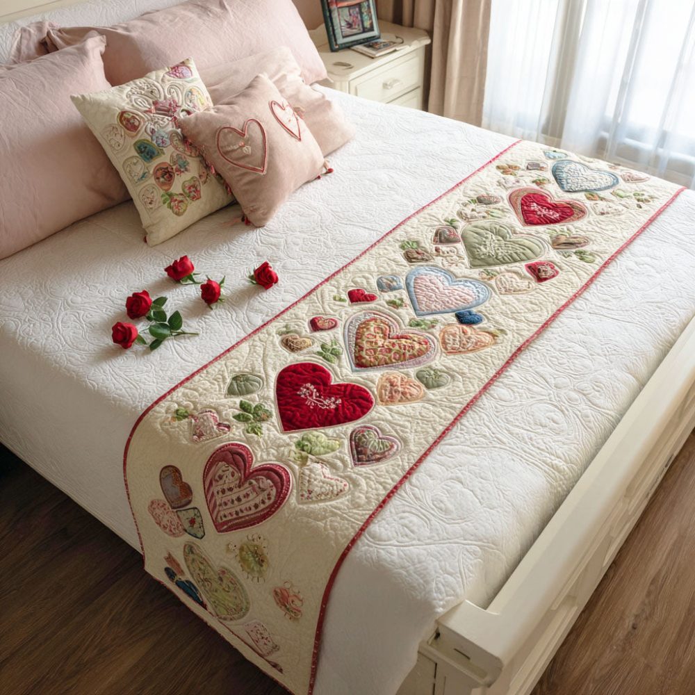 Vintage Heart Quilt Bed Runner - Retro Romantic Decorative Bed Scarf, Soft Cotton Blend, Reversible Design For Timeless Bedroom Styling And Layering