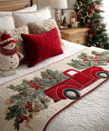 Vintage Holiday Wheels Quilted Bed Runner — Retro Truck Christmas Bed Scarf, Rustic Holiday Bedroom Decor, Quilted & Reversible