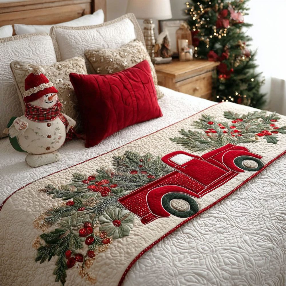 Vintage Holiday Wheels Quilted Bed Runner — Retro Truck Christmas Bed Scarf, Rustic Holiday Bedroom Decor, Quilted & Reversible