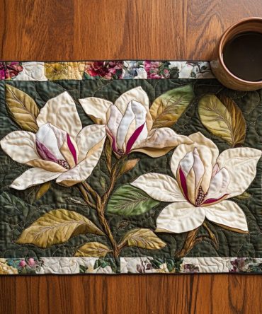 Vintage Magnolia Quilted Placemat — Elegant Floral Table Mat, Classic Cotton Quilting, Stain-Resistant & Machine-Washable Accent