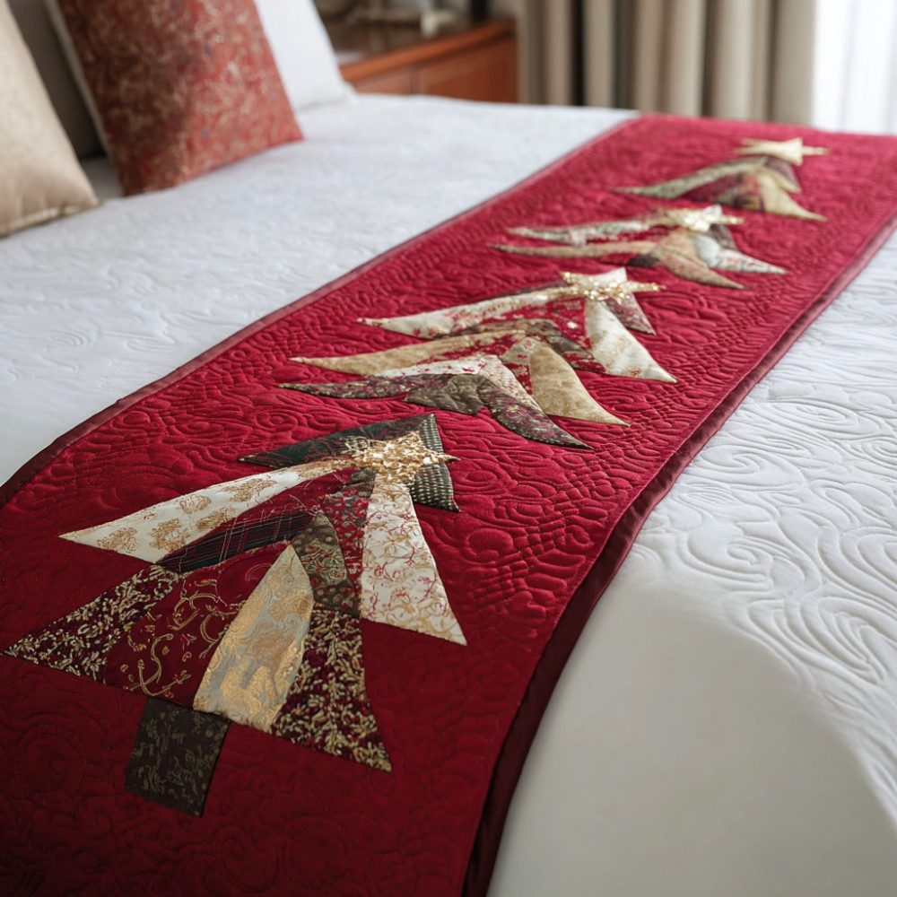 Vintage Pines Holiday Quilted Bed Scarf — Premium Festive Bed Runner For Bedroom Decor, Quilted Pine Pattern, Soft Machine-Washable Accent