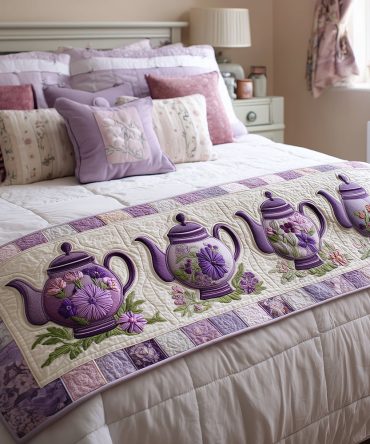 Vintage Tea Bloom Quilted Bed Runner — Floral Tea Garden Bed Scarf, Soft Pastel Quilting, Romantic Cottagecore Bedroom Accent