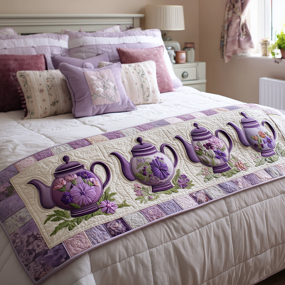 Vintage Tea Bloom Quilted Bed Runner — Floral Tea Garden Bed Scarf, Soft Pastel Quilting, Romantic Cottagecore Bedroom Accent