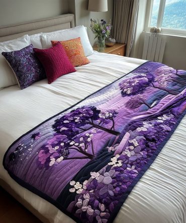 Violet Bliss Quilted Bed Runner – Elegant Floral Bedding Accent, Soft Reversible Cotton Blend For Queen & King Beds