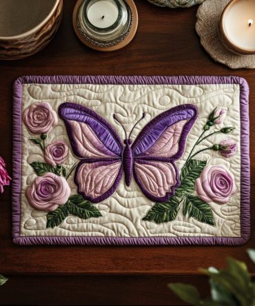 Violet Flight Quilted Placemat — Elegant Purple Floral & Butterfly Table Mat for Stylish Dining, Cottage & Modern Kitchens, Machine-Washable