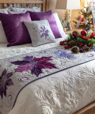 Violet Winter Quilted Bed Runner — Purple Floral Winter Bed Scarf, Luxury Holiday Bedding Accent For Queen/King, Easy Care