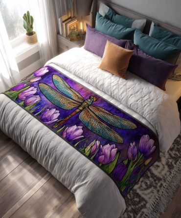 Vivid Dragonfly Embroidered Quilted Bed Runner — Luxury Cotton Decorative Bed & Sofa Accent For Boho And Nature Lovers