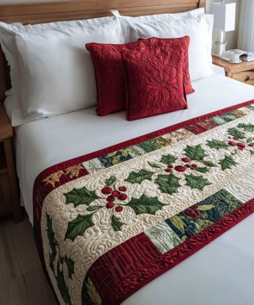 Warm Glow Quilted Bed Runner - Rustic Holiday Lighting Motif Bed Scarf, Soft Thermal Layer For Cozy Winter Bedroom Makeover