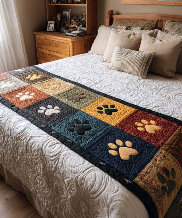 Warm Pawstep Quilted Bed Runner — Cozy Animal Paw Print Accent Runner For Pet Lovers & Casual Rustic Bedroom Styling