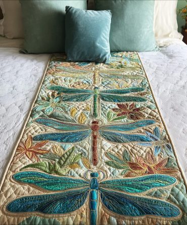 Water Lily Dragonfly Quilted Bed Runner – Botanical Dragonfly & Lily Design Decorative Bed Scarf For Serene Bedroom Decor