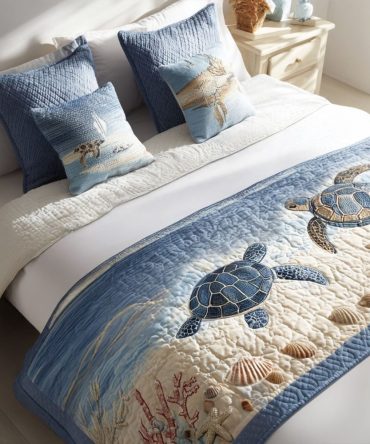 Waterway Wanderer Quilted Bed Runner - Nautical River-Inspired Bedding Accent In Blue Tones, Coastal Home Decor, Lightweight & Machine Washable