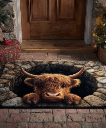 Charming Highland Calf Welcome Mat - Cozy Farmhouse Coir Doormat With Calf Illustration, Durable Non-Slip Entryway Rug