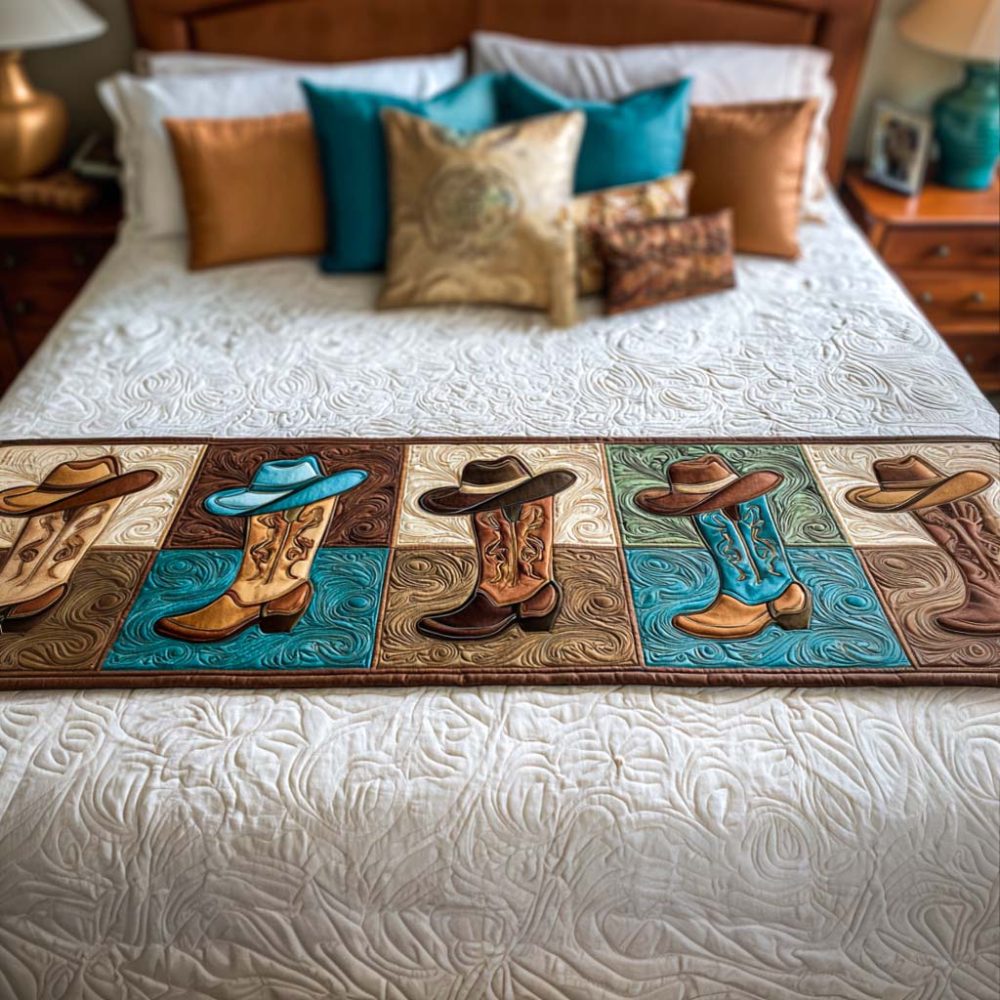 Western-Inspired Quilted Bed Scarf For Queen & King Beds — Rustic Cowboy Bedroom Accent, Durable Cotton Comfort