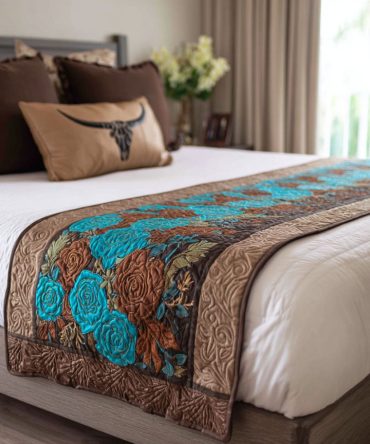 Western Whirl Quilted Bed Runner — Cowhide-Inspired Rustic Accent, Quilted Scarf To Bring Frontier Charm To Any Bedroom