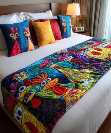 Whimsical Chickens Quilted Bed Runner — Playful Farmhouse Bed Scarf, Handcrafted Cotton Accent For Country & Cottage Decor