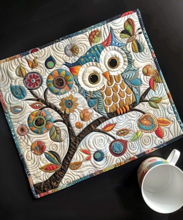 Whimsical Owl Quilted Placemat — Cute Woodland Table Accent, Thick Quilting, Reversible, Easy-Care Cotton, Kid-Friendly