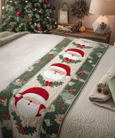Whimsical Pine Quilted Bed Runner - Playful Pine Tree Pattern In Festive Hues For Seasonal Bedding, Reversible Quilted Accent, Easy Care