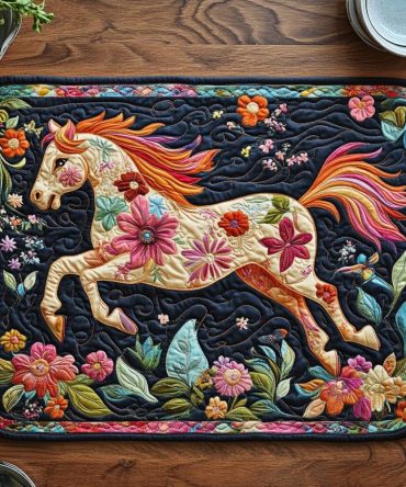 Whimsical Galloping Horse Quilted Placemat — Rustic Equestrian Table Mat, Durable Cotton, Heat-Proof, Non-Slip Backing, Gift-Ready