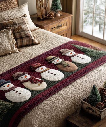 Whimsical Snow Pals Quilted Bed Runner — Playful Snowman & Winter Friends Bedding Accent To Brighten Holiday Bedrooms And Kids' Rooms