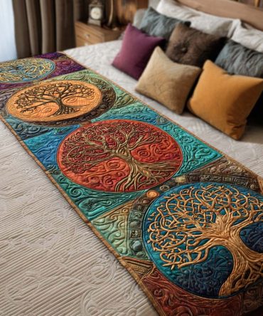 Whimsical Trees Quilted Bed Scarf — Playful Woodland Bed Runner Accent, Cotton-Blend Reversible Throw For Twin To King Beds, Machine Wash