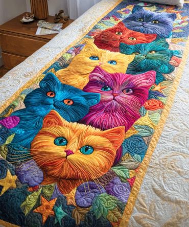 Whisker Garden Quilted Bed Runner — Cottage Cat & Floral Cotton Throw For Bed, Sofa & Nursery , Reversible, Soft, Machine-Washable