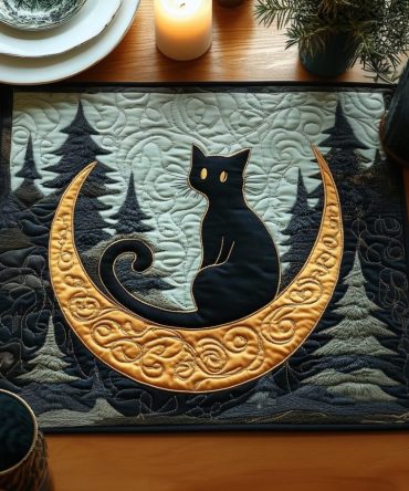 Whisker Moon Quilted Placemat — Celestial Cat-Themed Table Mat, Protective Quilting, Easy-Care Dining Accent for Cozy Homes