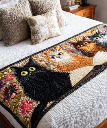 Whisker Page Quilted Bed Runner - Cat & Book Lover Bedding Accent, Cozy Stitched Runner For Reading Nooks And Bedroom Styling