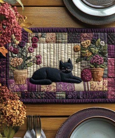 Whisker Window Quilted Placemat - Charming Cat Silhouette Design, Easy-Care Quilted Mat, Durable Cotton, Perfect For Pet Lovers