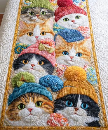 Whisker Wonderland Quilted Bed Runner — Charming Cat Motif Decorative Throw For Queen & King Beds, Cozy Quilting, Cute Bedroom Accent