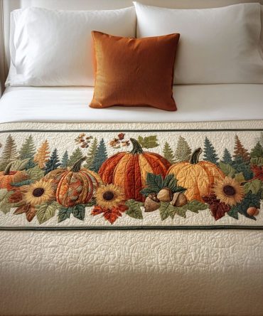 Whiskers In The Leaves Quilted Bed Runner — Playful Cat & Autumn Leaf Bedding Accent, Soft Quilted Scarf For Cozy Seasonal Styling