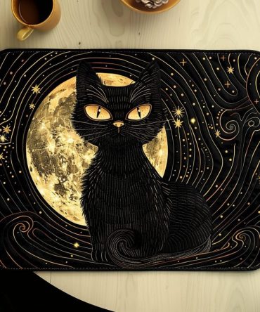 Whispering Moonlight Cat Quilted Placemat — Subtle Night Cat Table Mat, Cotton Quilted, Non-Slip, Machine Washable, Stylish Dining Accent