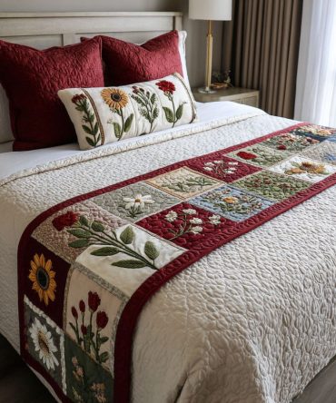 Luxury Quilted Bed Scarf With Whispering Leaf Floral Pattern — Decorative Bed Runner For Elegant Bedrooms, Machine Washable