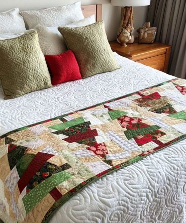 Whispering Pines Quilted Bed Runner - Soft Forest Green Pine Design For Cozy Christmas Bedding, Reversible Quilted Throw, Easy Care