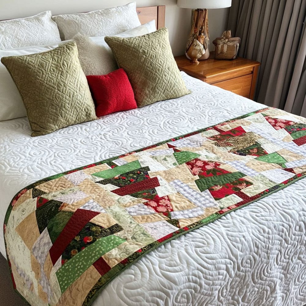 Whispering Pines Quilted Bed Runner - Soft Forest Green Pine Design For Cozy Christmas Bedding, Reversible Quilted Throw, Easy Care