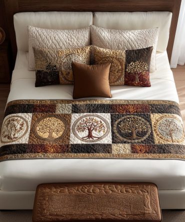 Whispering Trees Quilted Bed Runner — Rustic Forest Bedding Accent For Cabin & Nature Lovers, Quilted Decorative Bed Scarf, Reversible