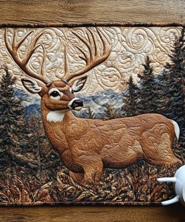 White-Tailed Deer Quilted Placemat — Rustic Deer Motif Table Mat with Thick Quilting, Durable Cotton-Blend, Machine-Washable & Cozy Cabin Style Accent