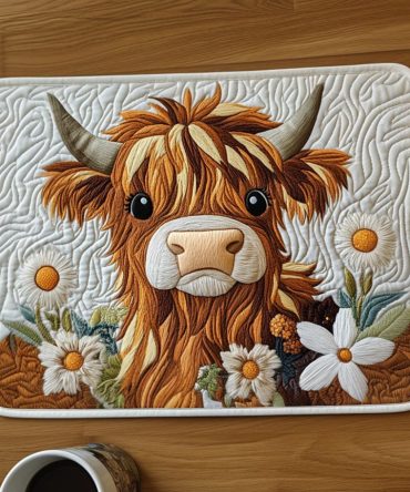 White Daisy Cow Quilted Placemat - Whimsical Farmhouse Table Mat with Floral & Cow Print, Durable Quilting for Everyday Use