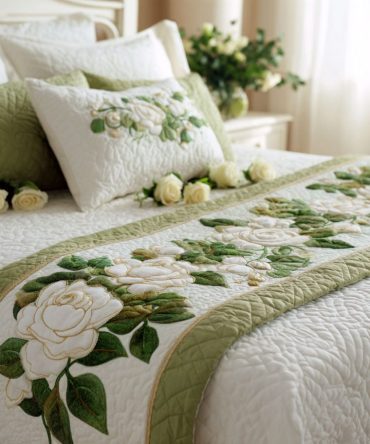 White Petals At Dawn Quilted Bed Scarf — Elegant White Floral Bed Runner For Minimalist & Classic Bedrooms, Reversible Cotton Blend